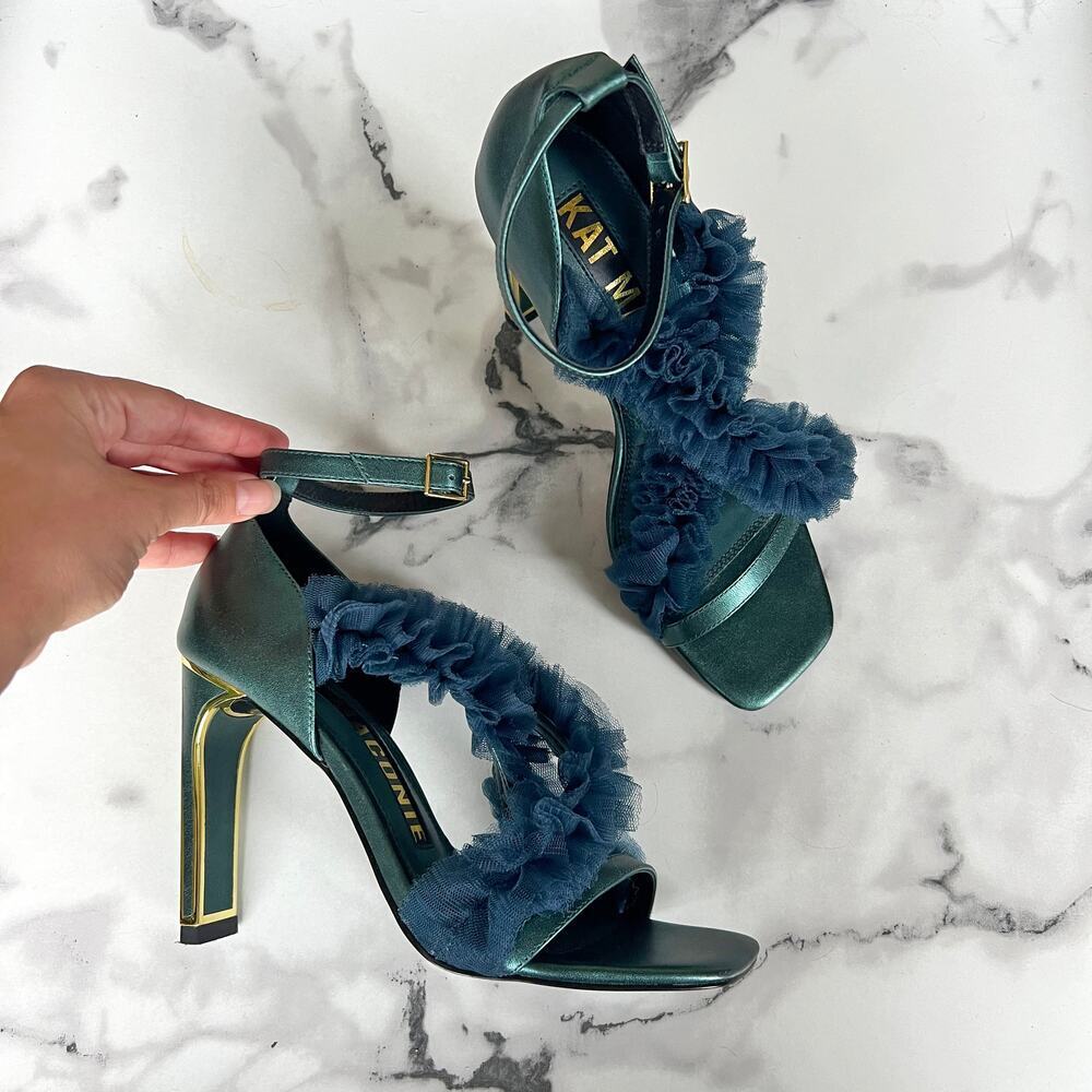 Kat Maconie Sina Metallic Teal Leather Ruffled Tulle Sandal Heels Size 7